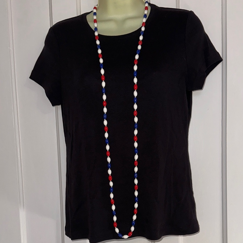 Vintage Mid Century Red,‎ White & Blue Long Oblong Bead Necklace